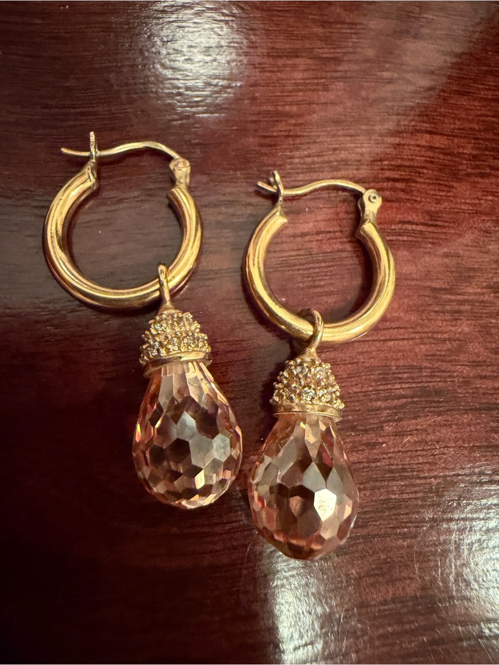 sterling silver rose gold tone small hoop earrings with champagne colored charms